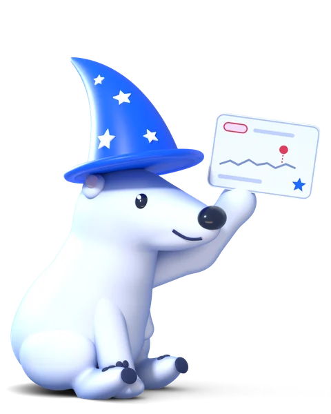 Aurora's cartoon polar bear in its blue star hat, holding up a finding card.